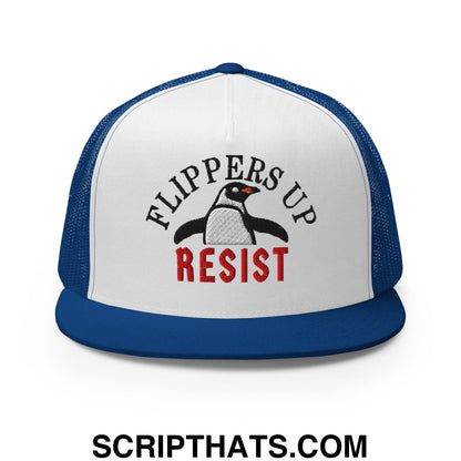 Flippers Up Resist Penguin Embroidered Flat Bill Brim Mesh Trucker Hat Royal White Royal