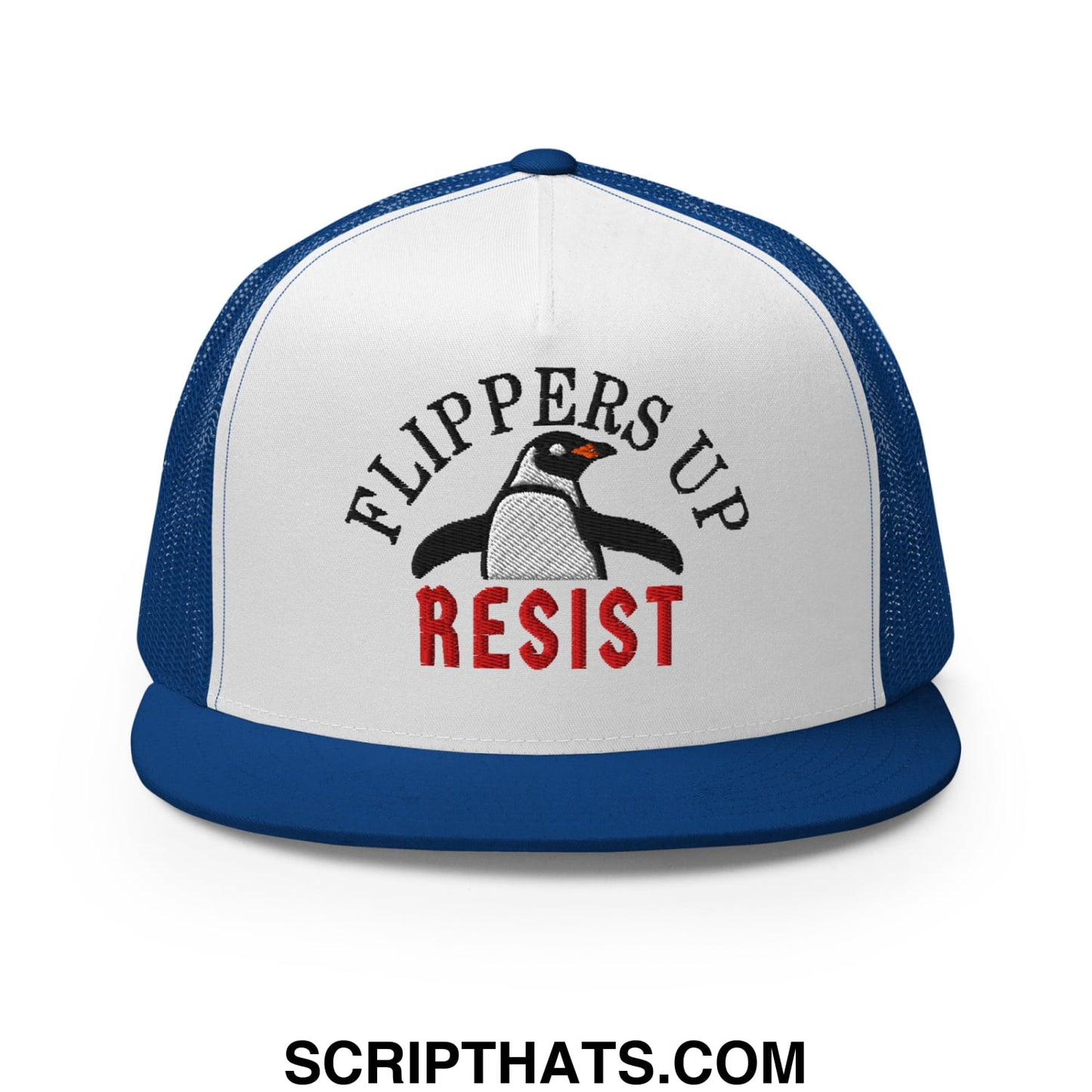 Blue and white mesh trucker hat with embroidered penguin and flippers up resist text on flat bill brim