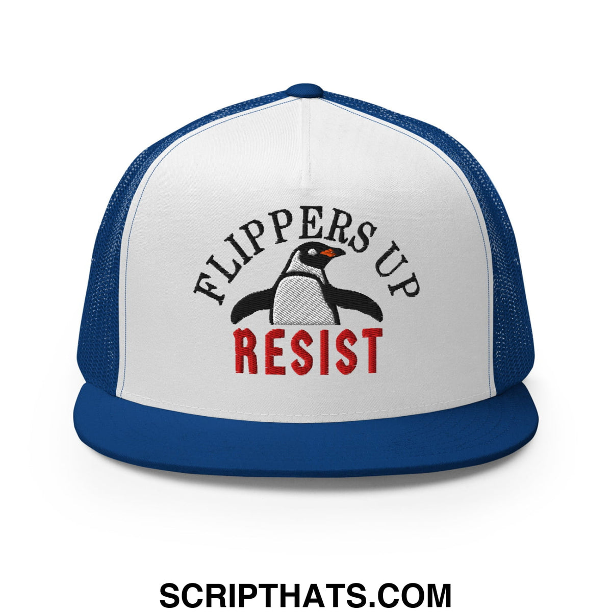 Blue and white mesh trucker hat with embroidered penguin and flippers up resist text on flat bill brim