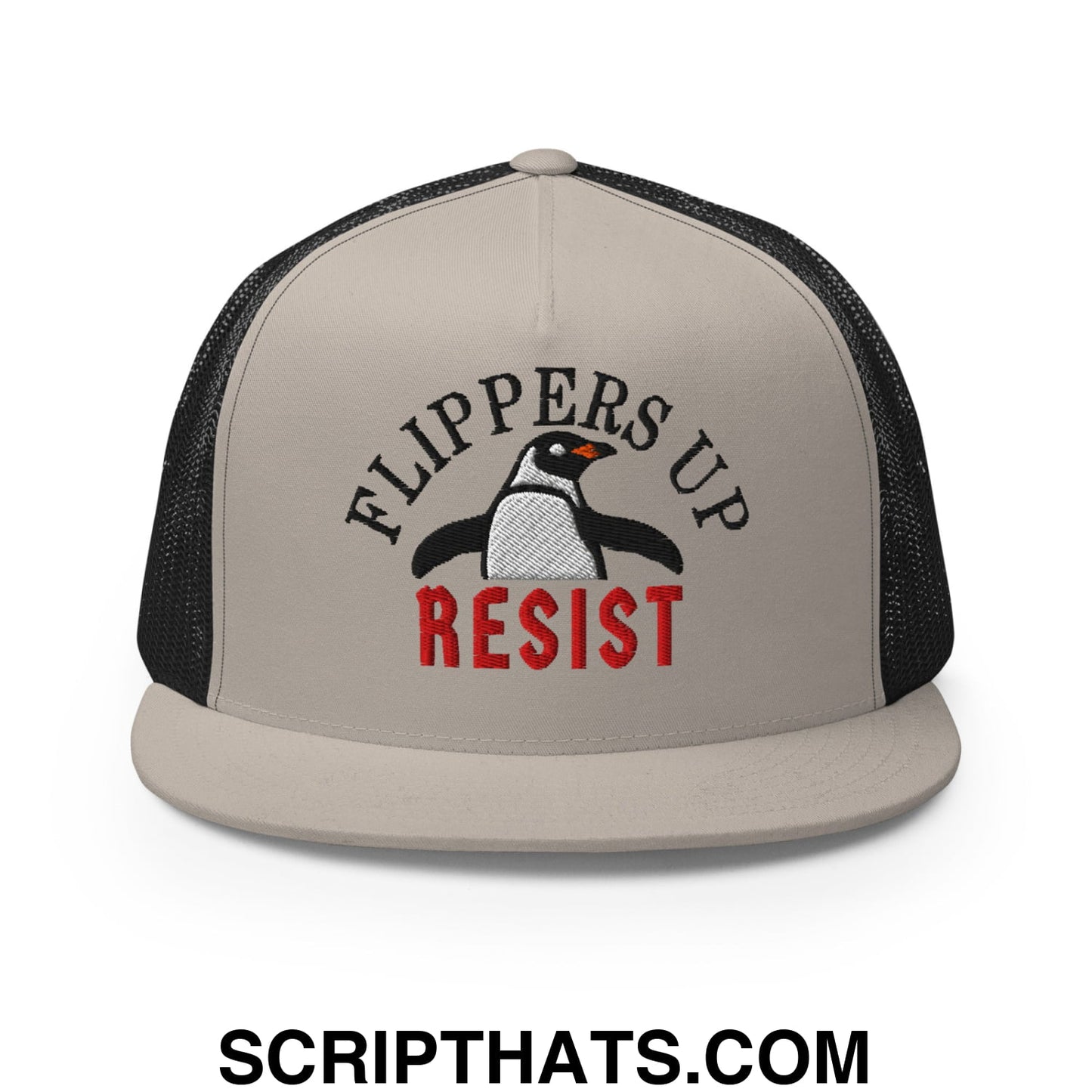 Flippers Up Resist Penguin Embroidered Flat Bill Brim Mesh Trucker Hat Silver Black