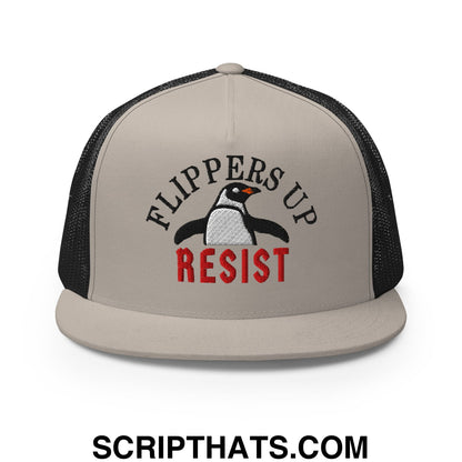 Flippers Up Resist Penguin Embroidered Flat Bill Brim Mesh Trucker Hat Silver Black