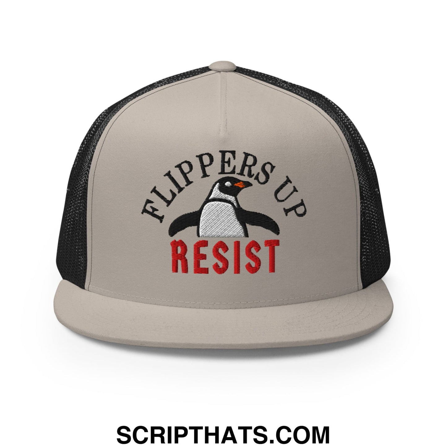 Beige and black mesh trucker hat with embroidered penguin and flippers up resist text flat bill brim design