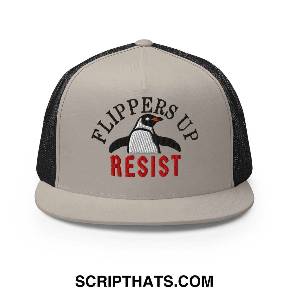 Beige and black mesh trucker hat with embroidered penguin and flippers up resist text flat bill brim design