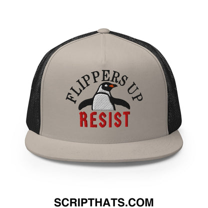 Beige and black mesh trucker hat with embroidered penguin and flippers up resist text flat bill brim design