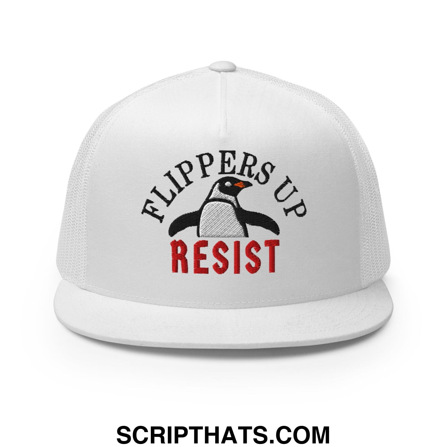 White mesh trucker hat with embroidered black and red flippers up resist design featuring a penguin