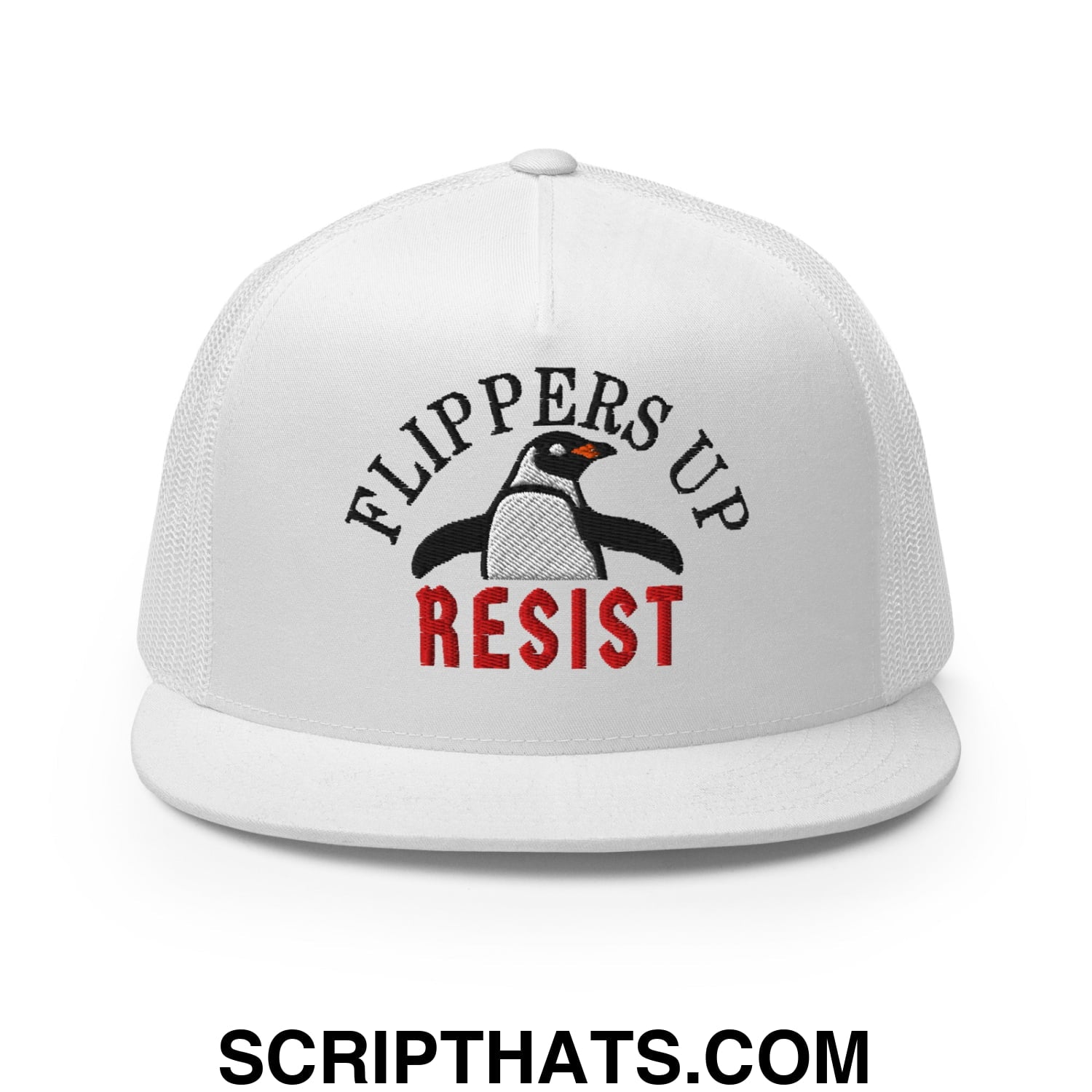Flippers Up Resist Penguin Embroidered Flat Bill Brim Mesh Trucker Hat White