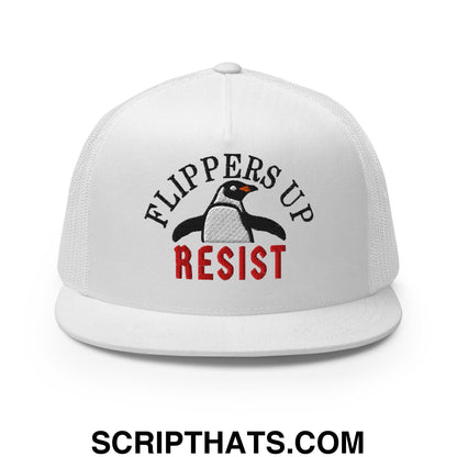 Flippers Up Resist Penguin Embroidered Flat Bill Brim Mesh Trucker Hat White