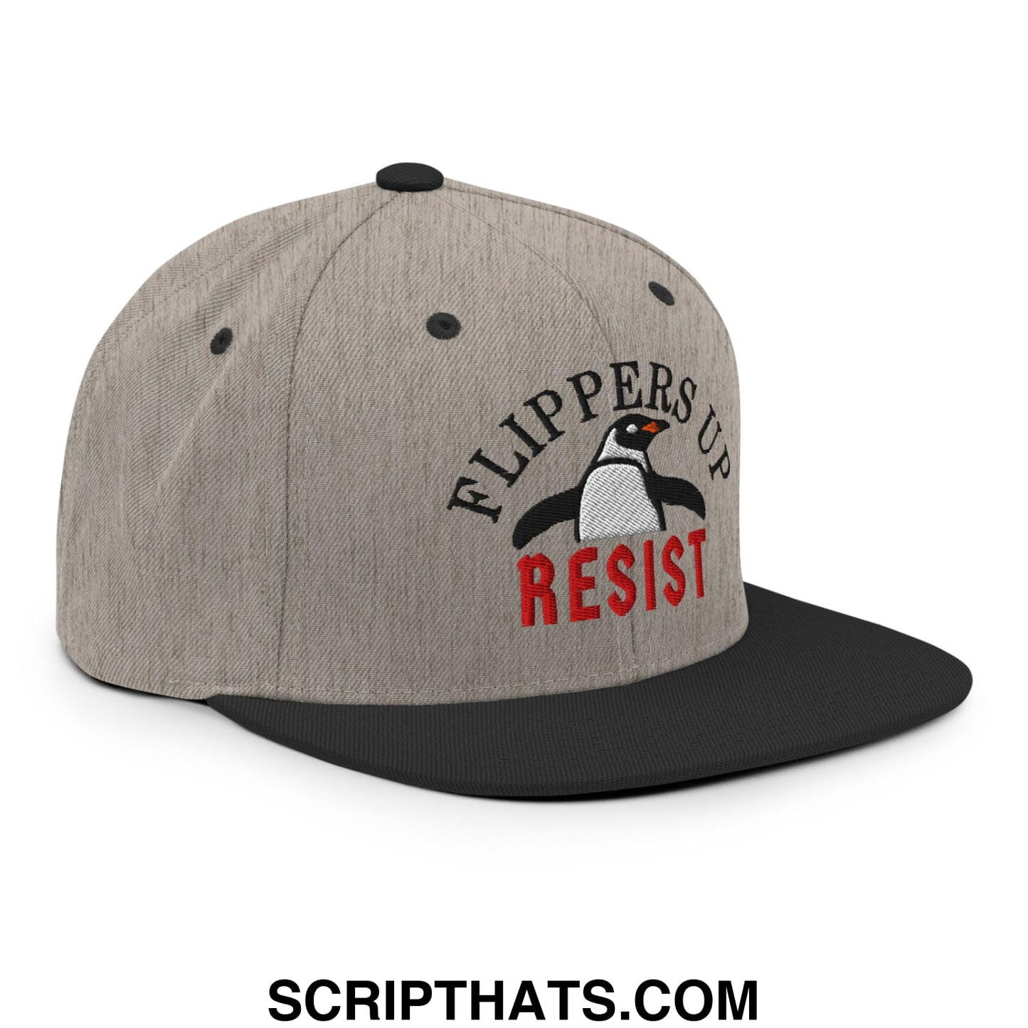Flippers Up Resist Penguin Embroidered Flat Bill Brim Snapback Hat Heather Black