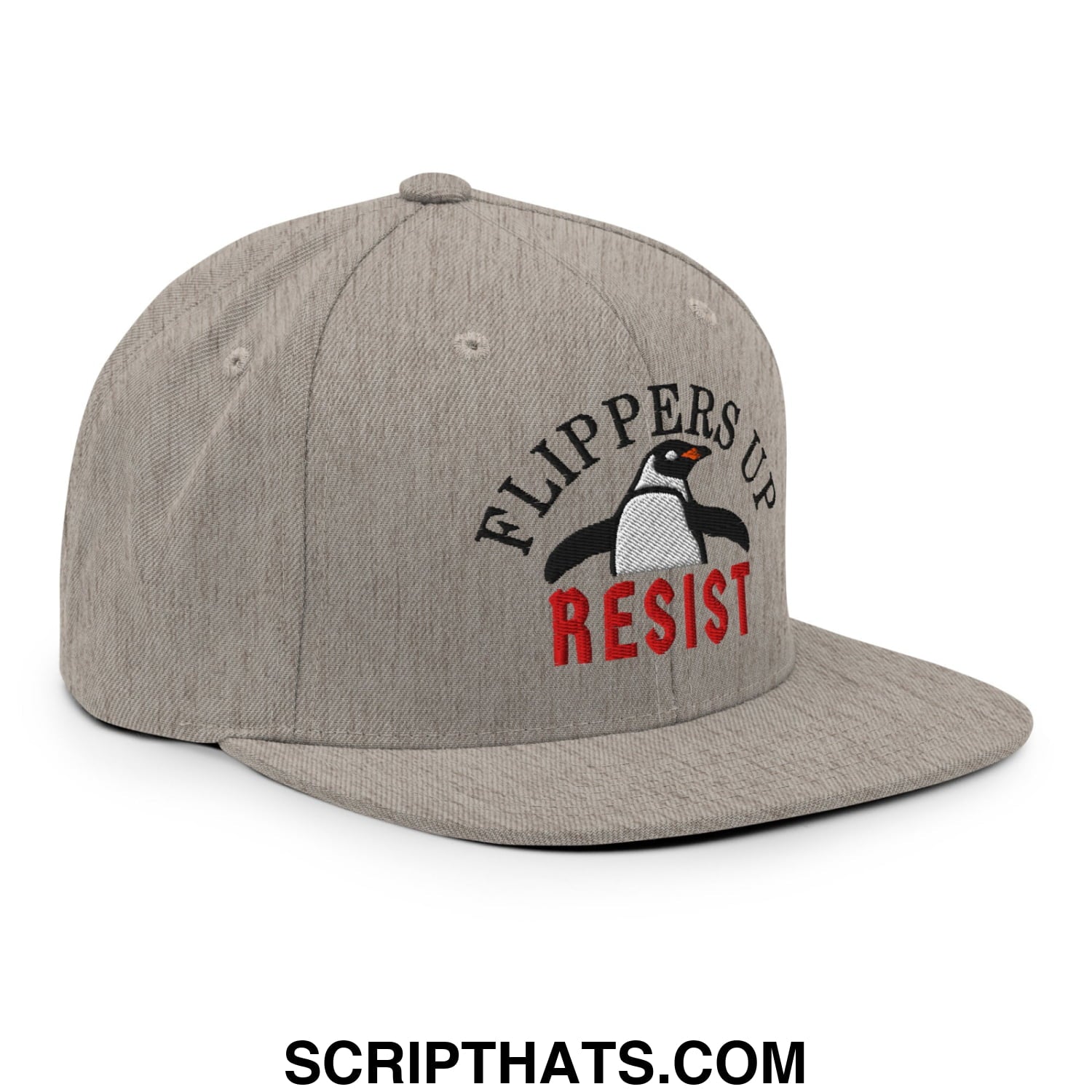 Flippers Up Resist Penguin Embroidered Flat Bill Brim Snapback Hat Heather Grey