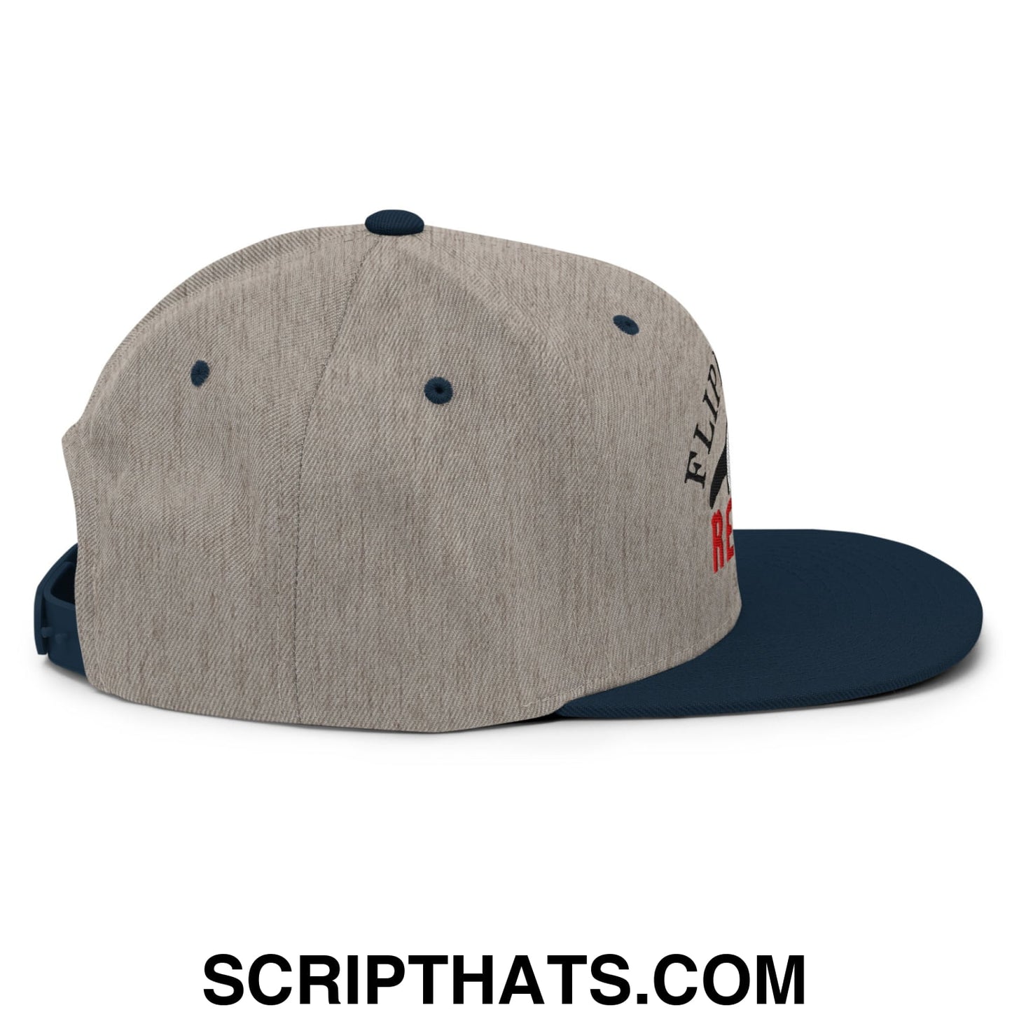 Flippers Up Resist Penguin Embroidered Flat Bill Brim Snapback Hat Heather Grey Navy