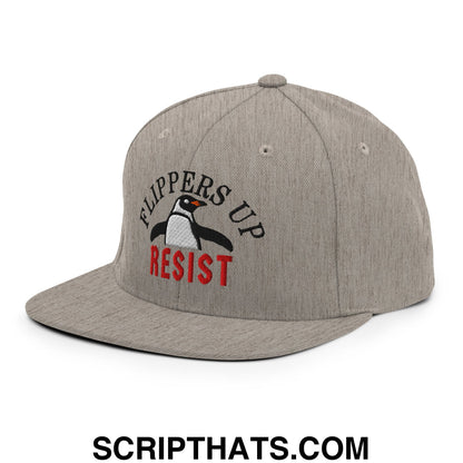 Flippers Up Resist Penguin Embroidered Flat Bill Brim Snapback Hat Heather Grey