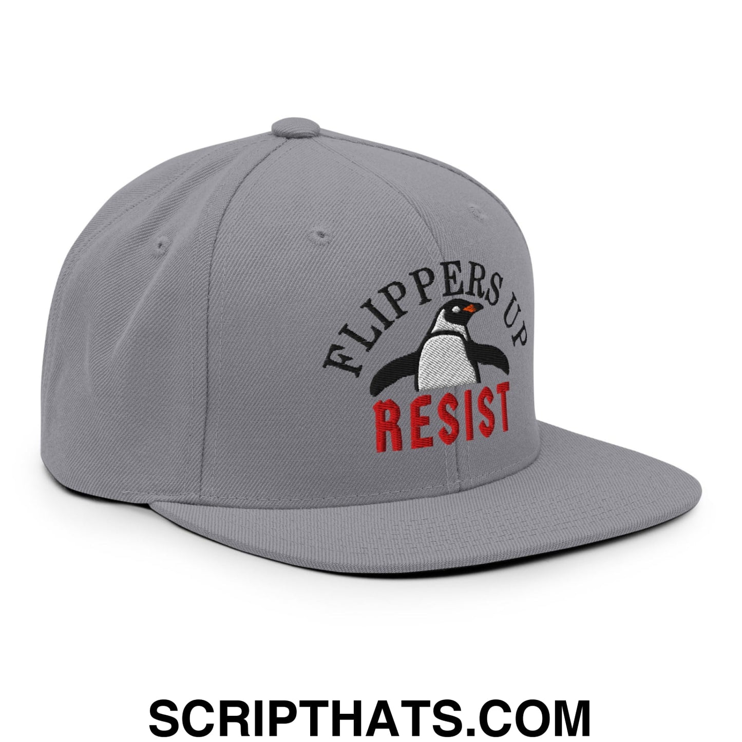 Flippers Up Resist Penguin Embroidered Flat Bill Brim Snapback Hat Silver