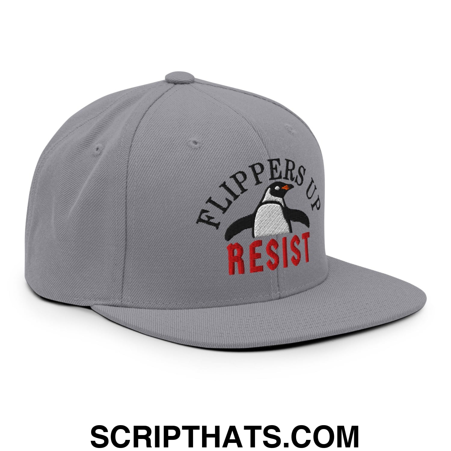 Flippers Up Resist Penguin Embroidered Flat Bill Brim Snapback Hat Silver