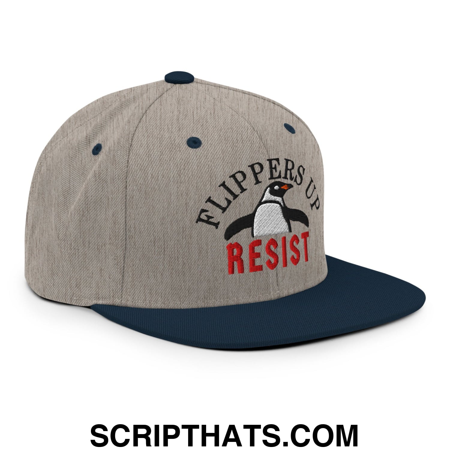 Flippers Up Resist Penguin Embroidered Flat Bill Brim Snapback Hat Heather Grey Navy