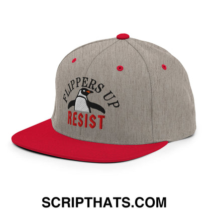 Flippers Up Resist Penguin Embroidered Flat Bill Brim Snapback Hat Heather Grey Red