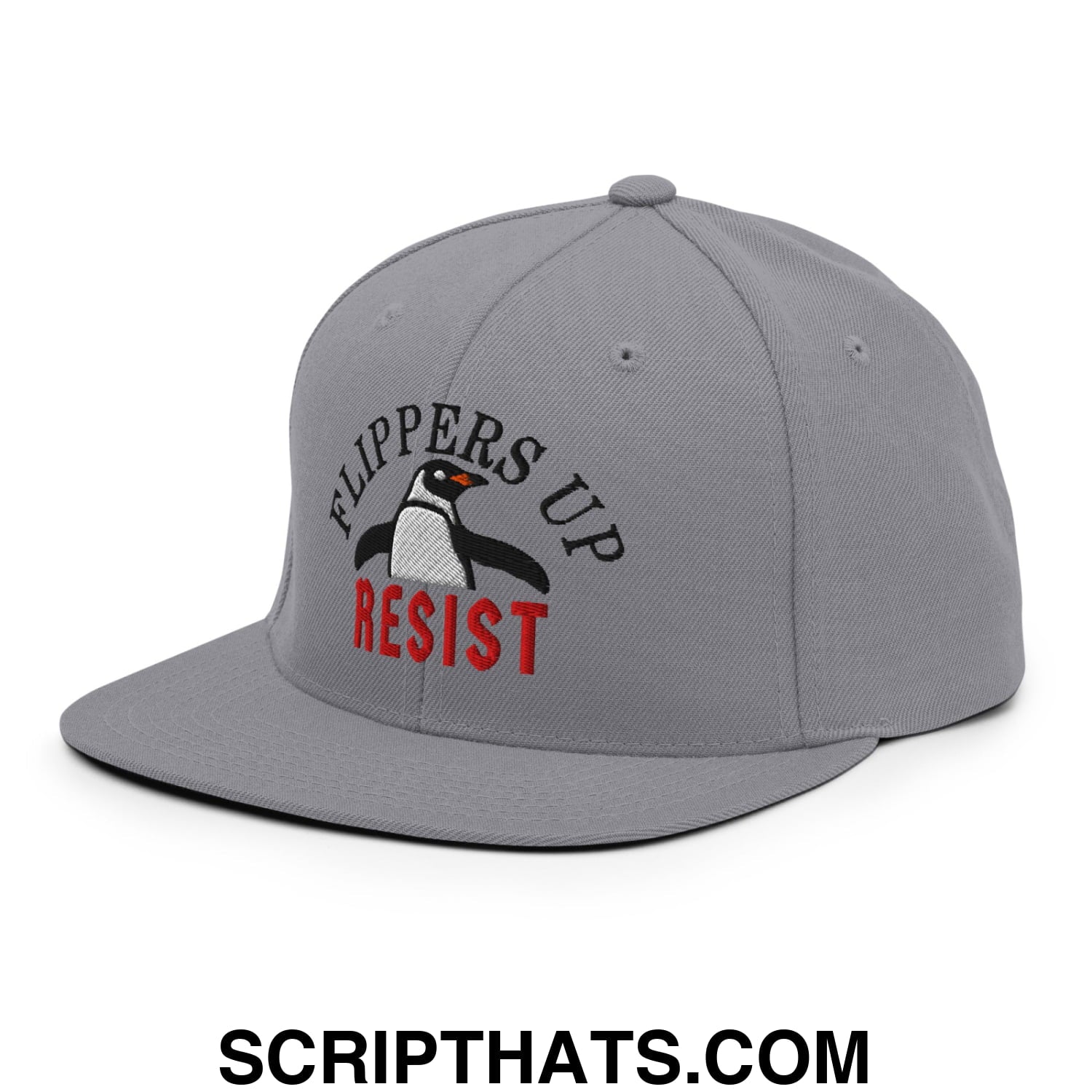 Flippers Up Resist Penguin Embroidered Flat Bill Brim Snapback Hat Silver