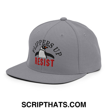 Flippers Up Resist Penguin Embroidered Flat Bill Brim Snapback Hat Silver