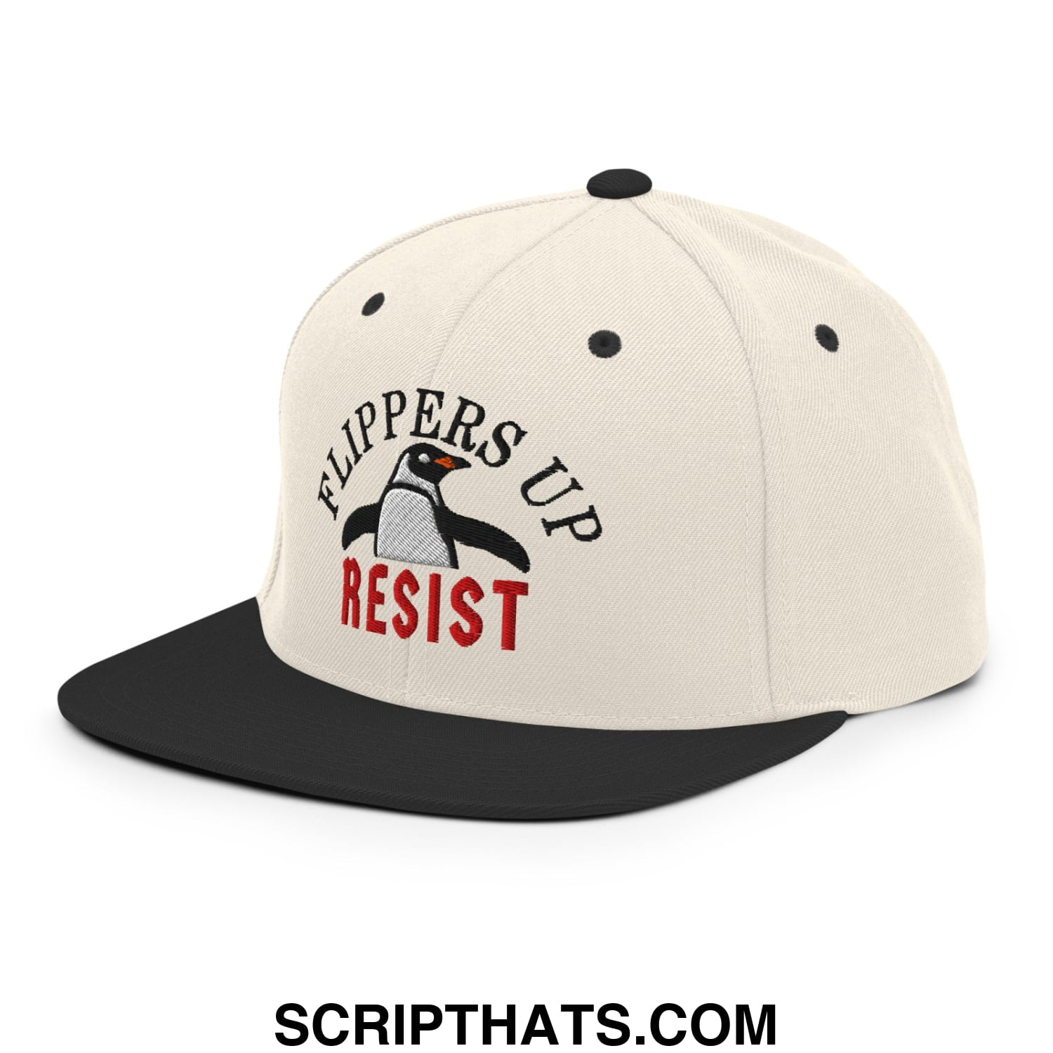 Flippers Up Resist Penguin Embroidered Flat Bill Brim Snapback Hat Natural Black