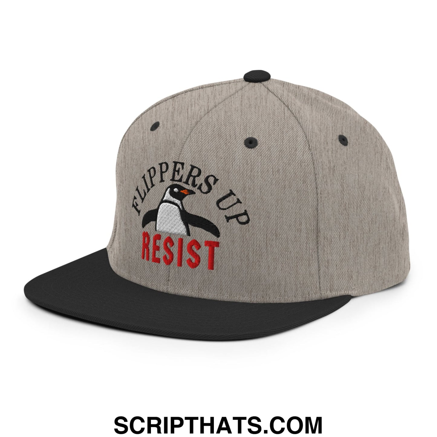 Flippers Up Resist Penguin Embroidered Flat Bill Brim Snapback Hat Heather Black