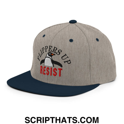 Flippers Up Resist Penguin Embroidered Flat Bill Brim Snapback Hat Heather Grey Navy