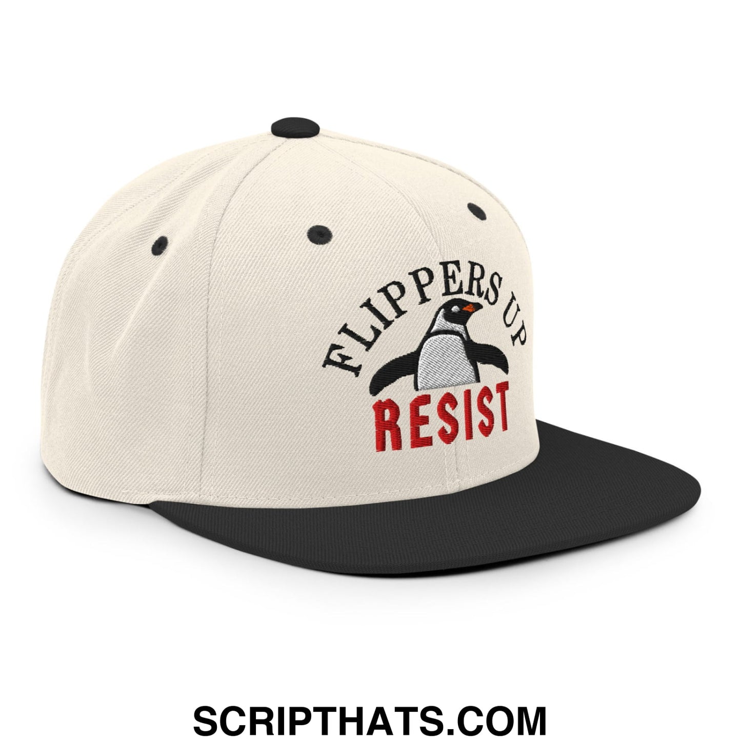 Flippers Up Resist Penguin Embroidered Flat Bill Brim Snapback Hat Natural Black