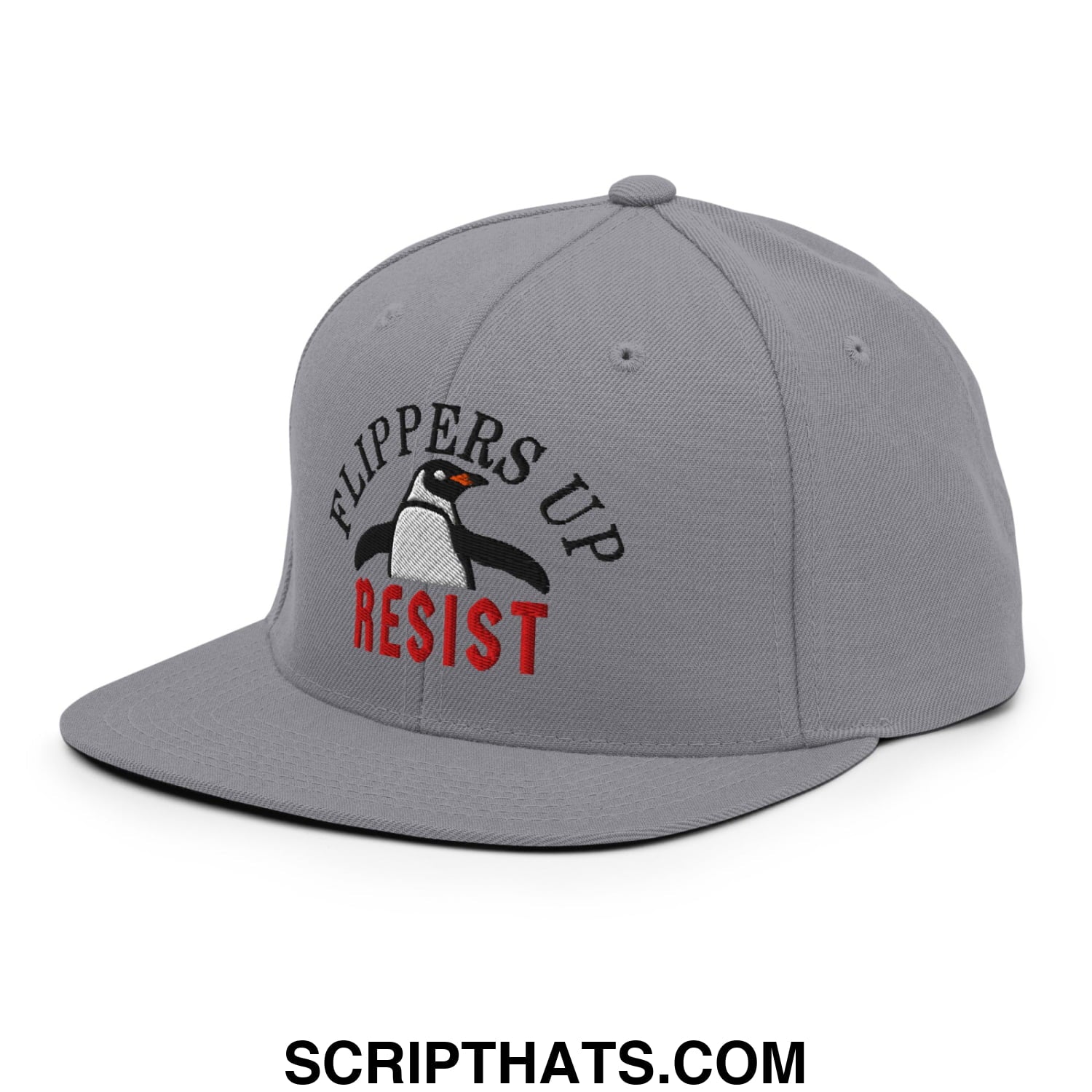 Flippers Up Resist Penguin Embroidered Flat Bill Brim Snapback Hat Silver