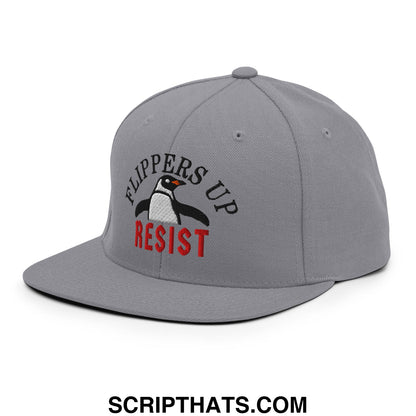 Flippers Up Resist Penguin Embroidered Flat Bill Brim Snapback Hat Silver