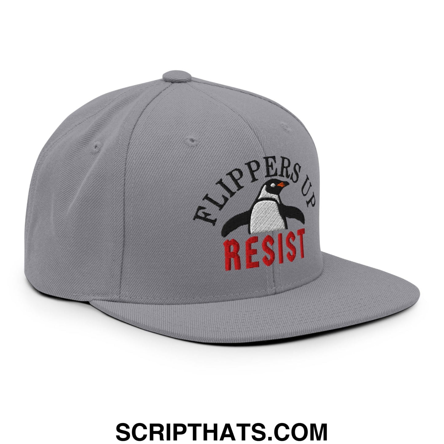 Flippers Up Resist Penguin Embroidered Flat Bill Brim Snapback Hat Silver