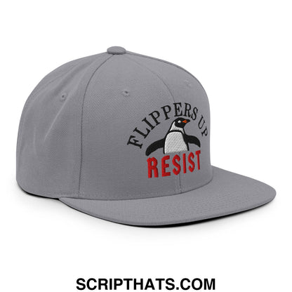 Flippers Up Resist Penguin Embroidered Flat Bill Brim Snapback Hat Silver