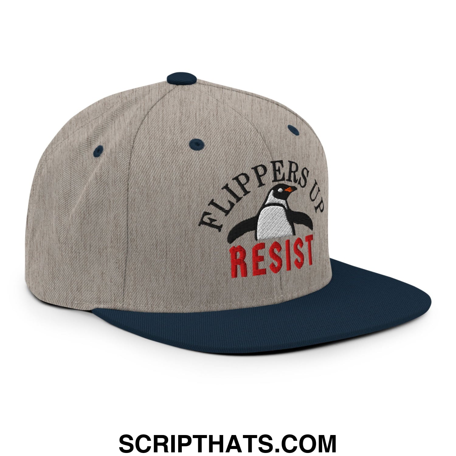 Flippers Up Resist Penguin Embroidered Flat Bill Brim Snapback Hat Heather Grey Navy