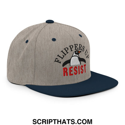 Flippers Up Resist Penguin Embroidered Flat Bill Brim Snapback Hat Heather Grey Navy
