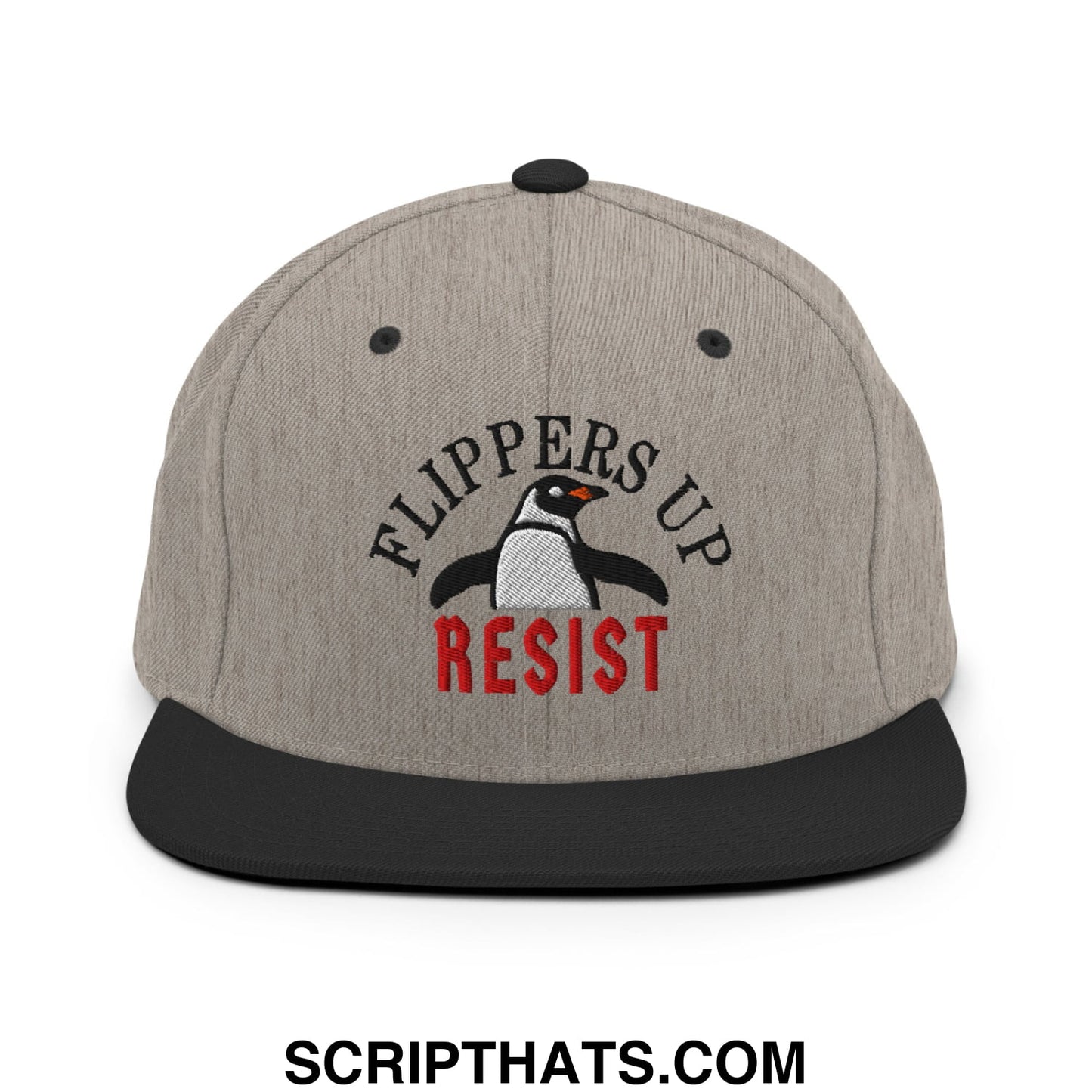 Flippers Up Resist Penguin Embroidered Flat Bill Brim Snapback Hat Heather Black