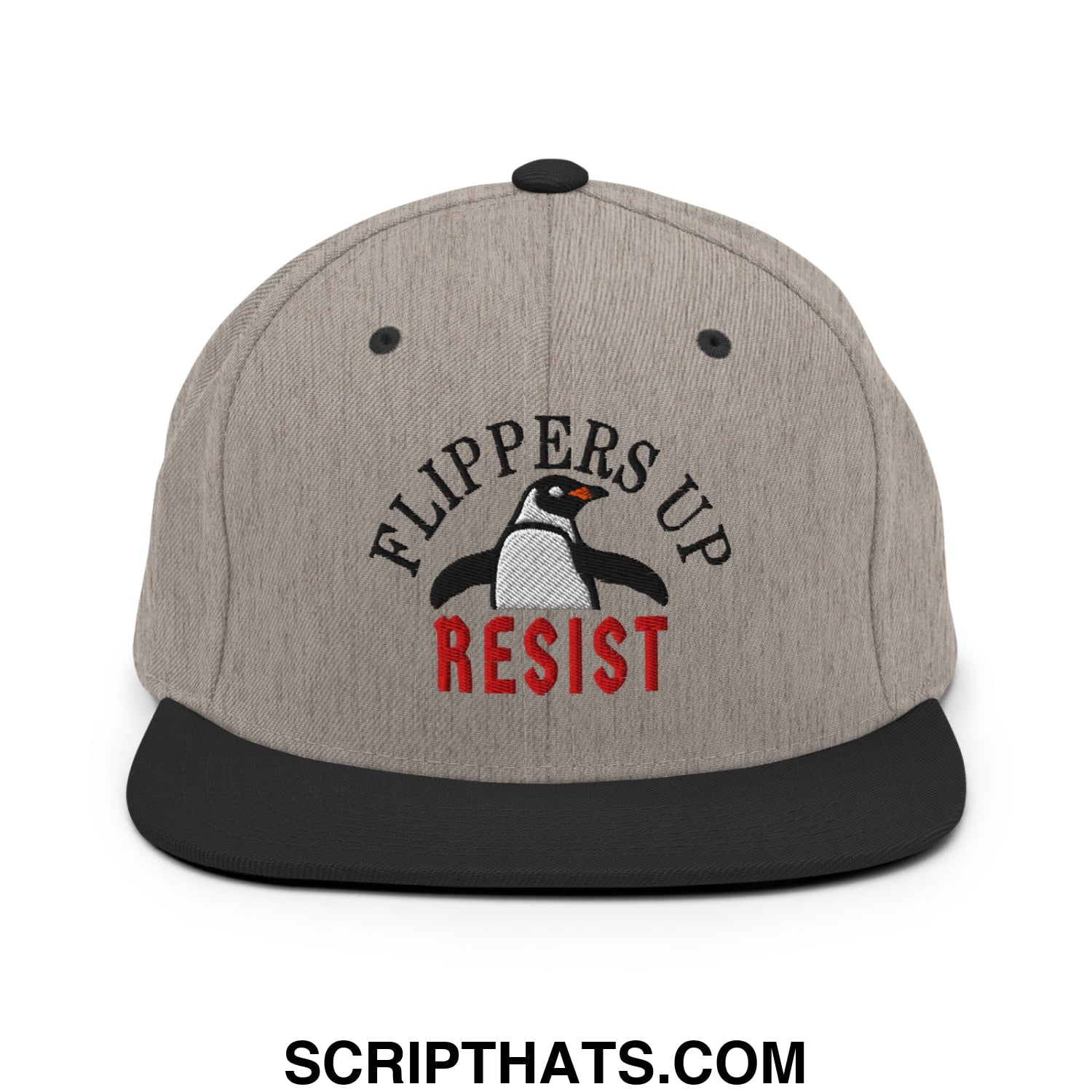 Flippers Up Resist Penguin Embroidered Flat Bill Brim Snapback Hat Heather Black