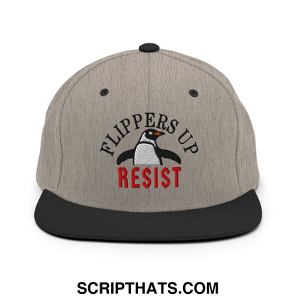 Flippers Up Resist Penguin Embroidered Flat Bill Brim Snapback Hat Heather Black