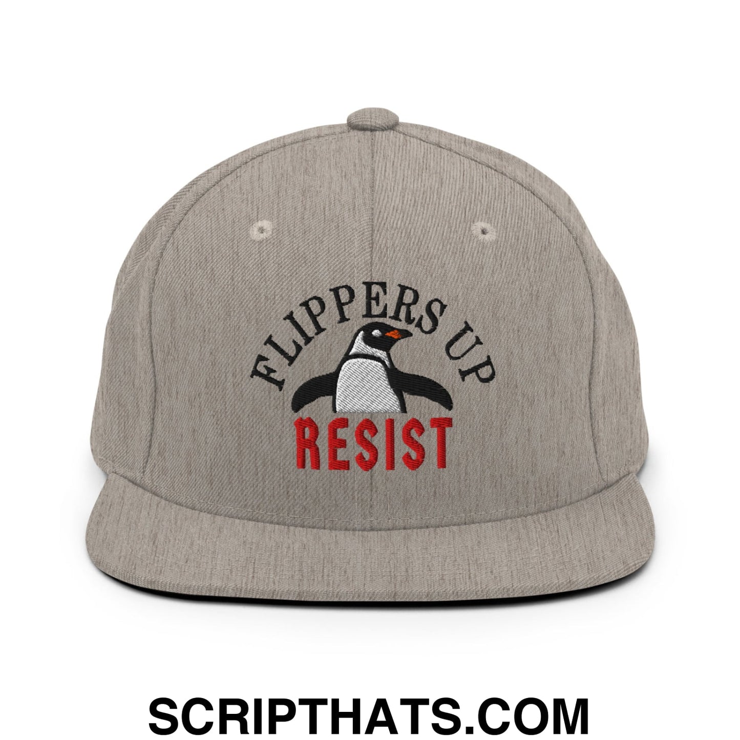Flippers Up Resist Penguin Embroidered Flat Bill Brim Snapback Hat Heather Grey