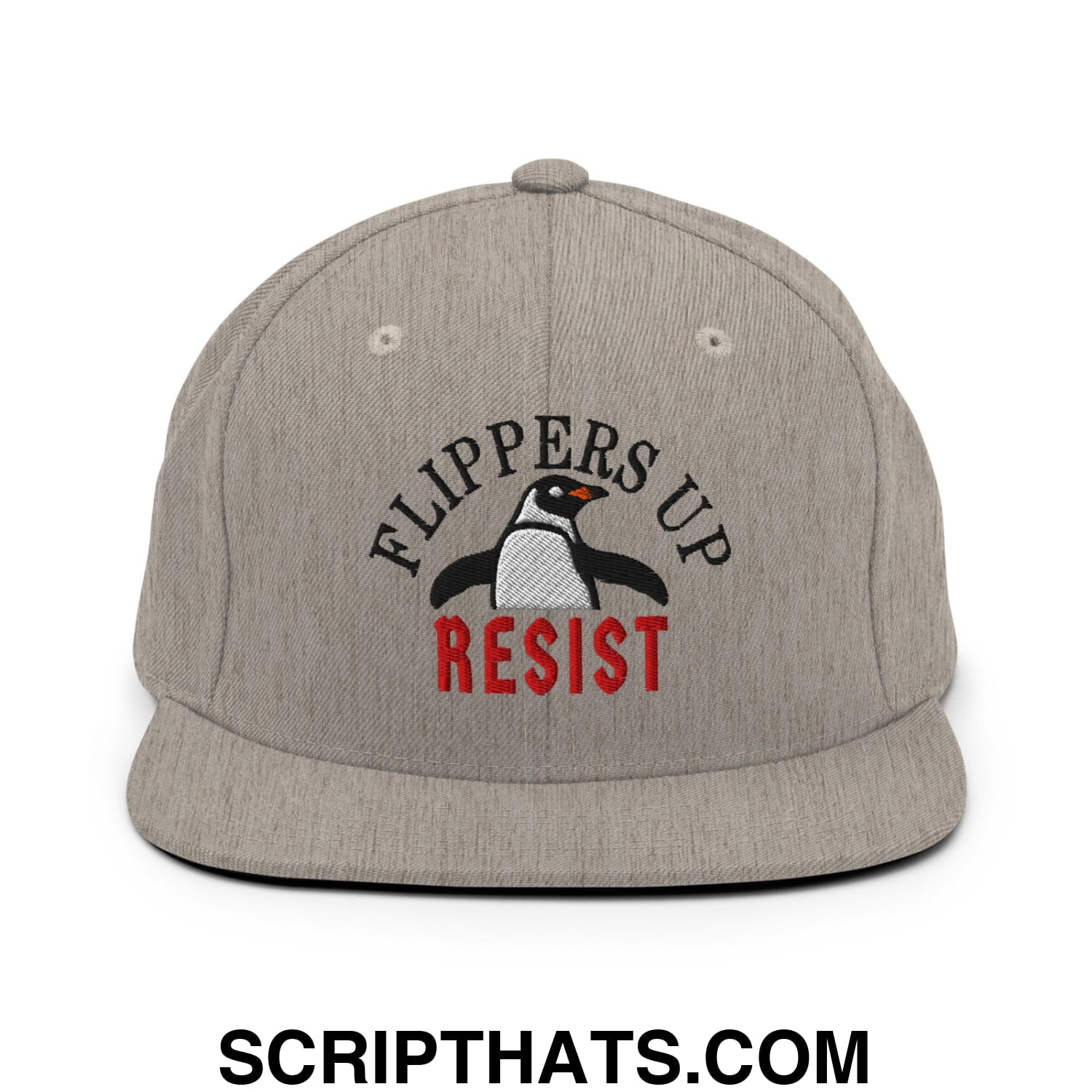 Flippers Up Resist Penguin Embroidered Flat Bill Brim Snapback Hat Heather Grey