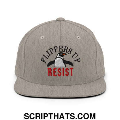 Flippers Up Resist Penguin Embroidered Flat Bill Brim Snapback Hat Heather Grey