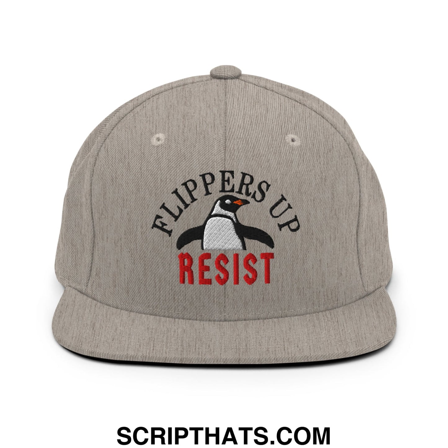 Flippers Up Resist Penguin Embroidered Flat Bill Brim Snapback Hat Heather Grey