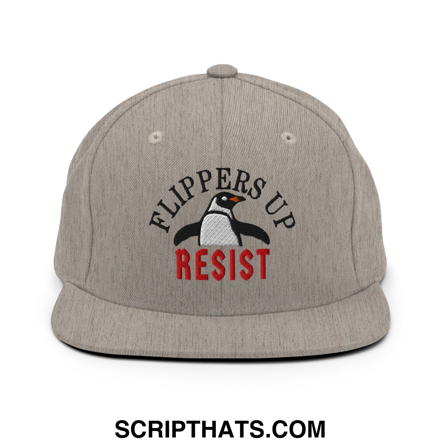 Flippers Up Resist Penguin Embroidered Flat Bill Brim Snapback Hat Heather Grey