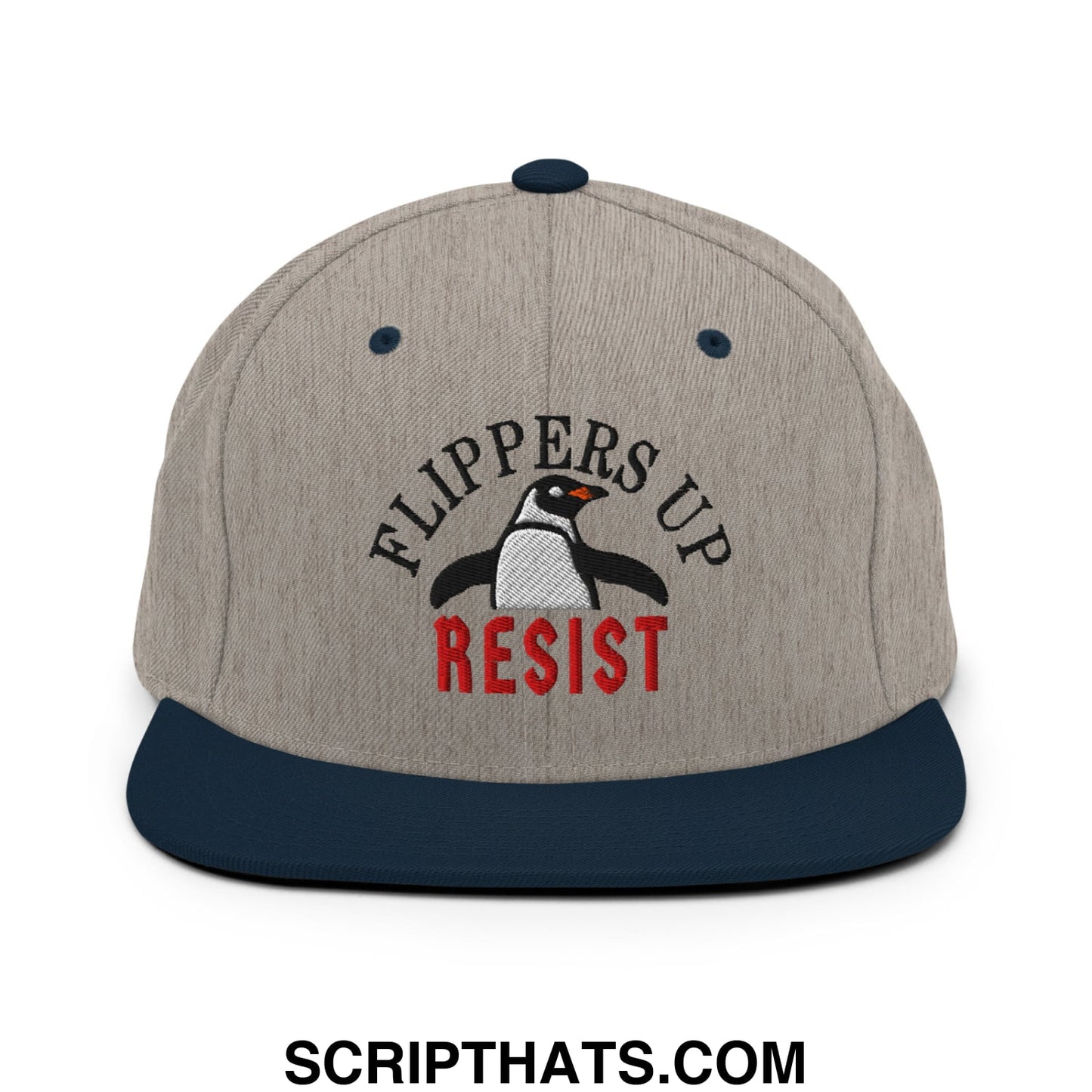 Flippers Up Resist Penguin Embroidered Flat Bill Brim Snapback Hat Heather Grey Navy