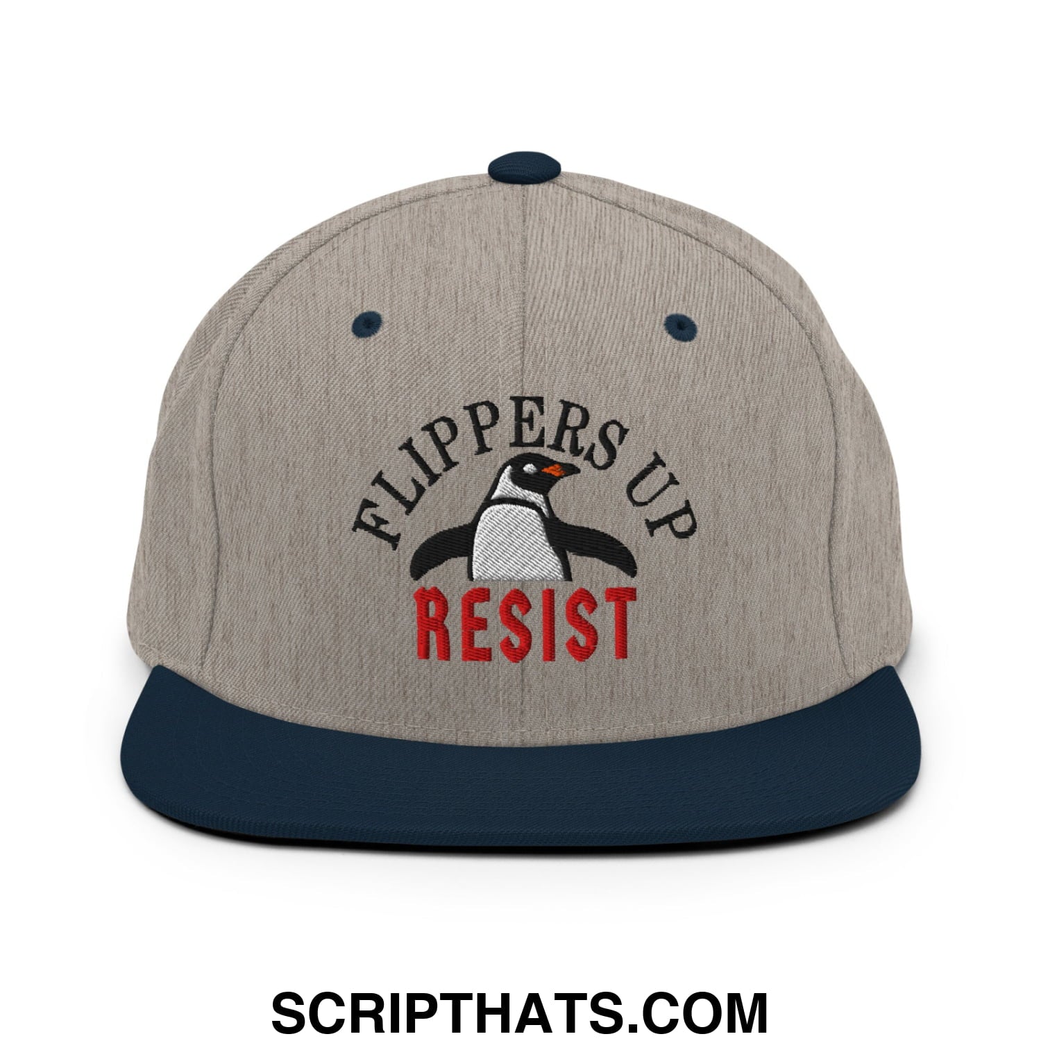 Flippers Up Resist Penguin Embroidered Flat Bill Brim Snapback Hat Heather Grey Navy