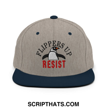 Flippers Up Resist Penguin Embroidered Flat Bill Brim Snapback Hat Heather Grey Navy