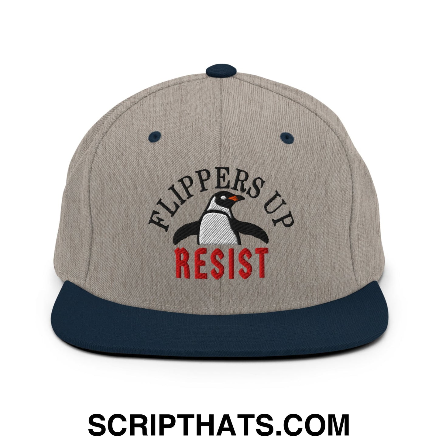 Flippers Up Resist Penguin Embroidered Flat Bill Brim Snapback Hat Heather Grey Navy