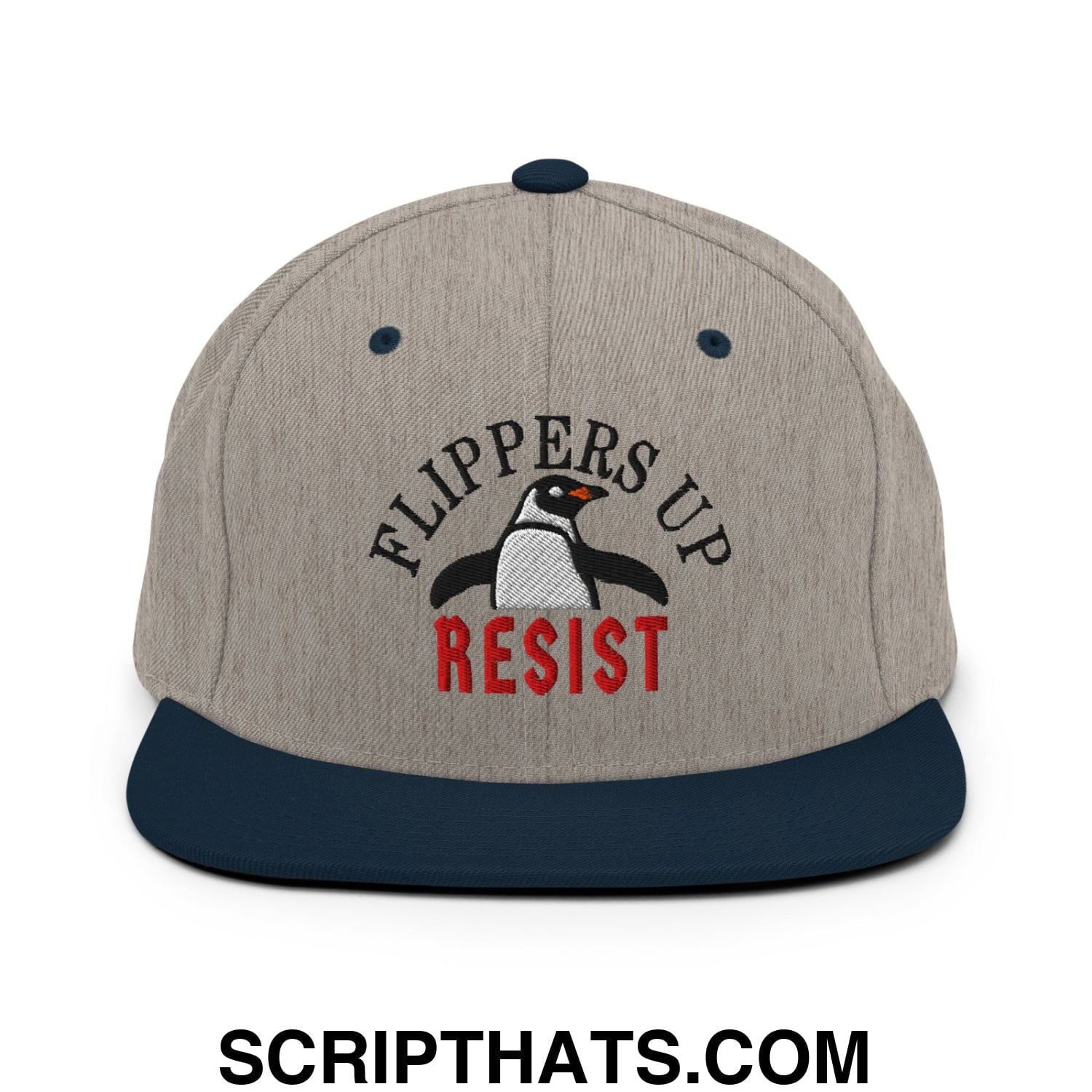 Flippers Up Resist Penguin Embroidered Flat Bill Brim Snapback Hat Heather Grey Navy