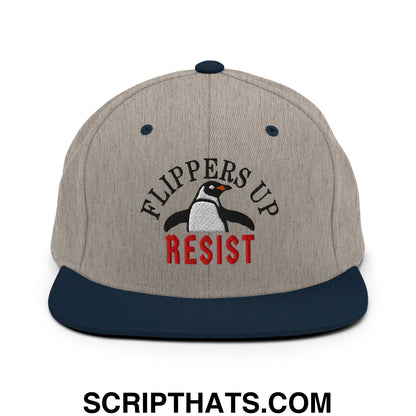 Flippers Up Resist Penguin Embroidered Flat Bill Brim Snapback Hat Heather Grey Navy