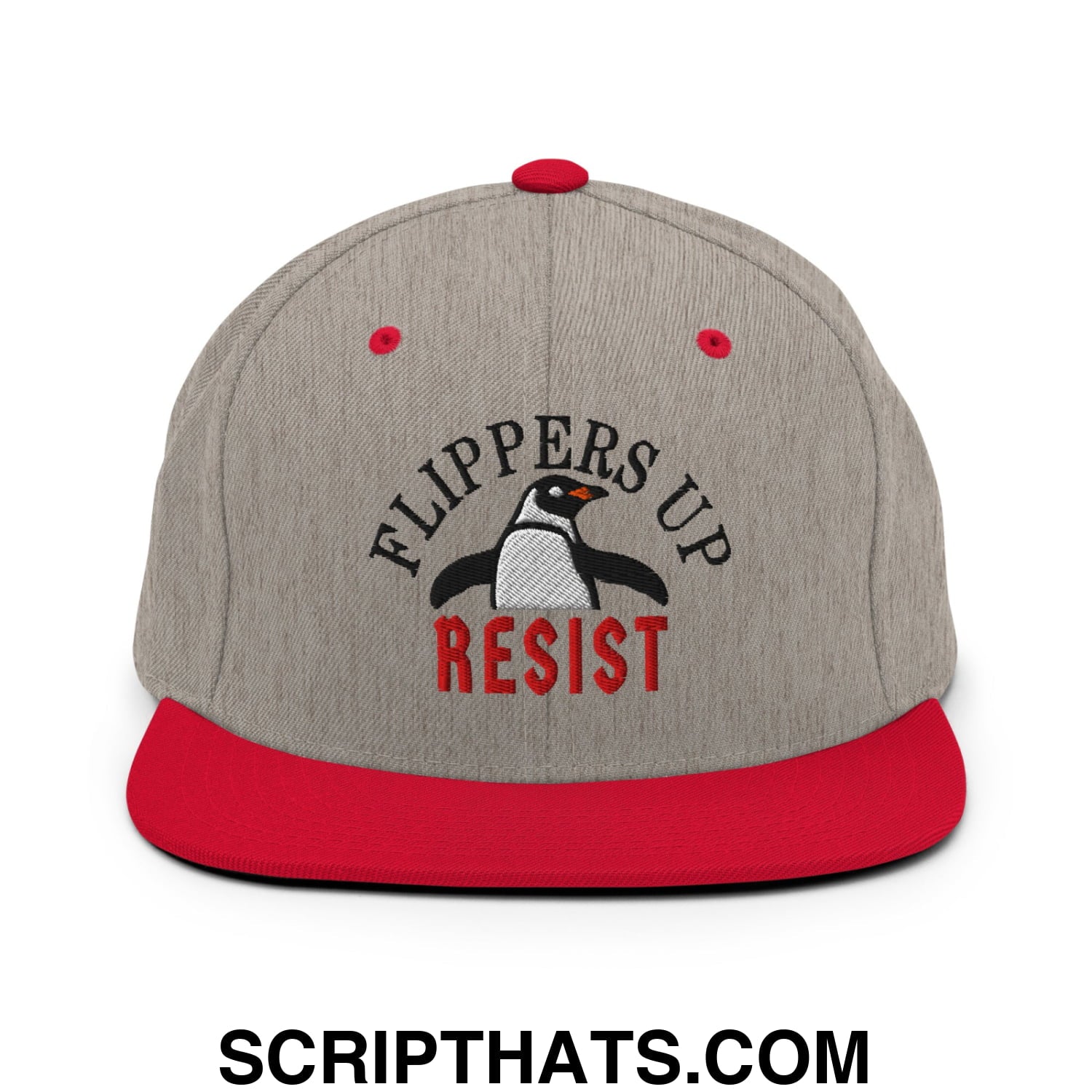 Flippers Up Resist Penguin Embroidered Flat Bill Brim Snapback Hat Heather Grey Red
