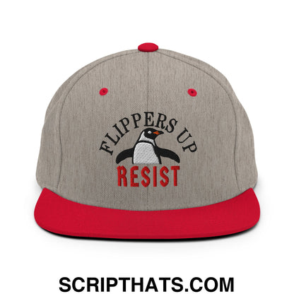 Flippers Up Resist Penguin Embroidered Flat Bill Brim Snapback Hat Heather Grey Red