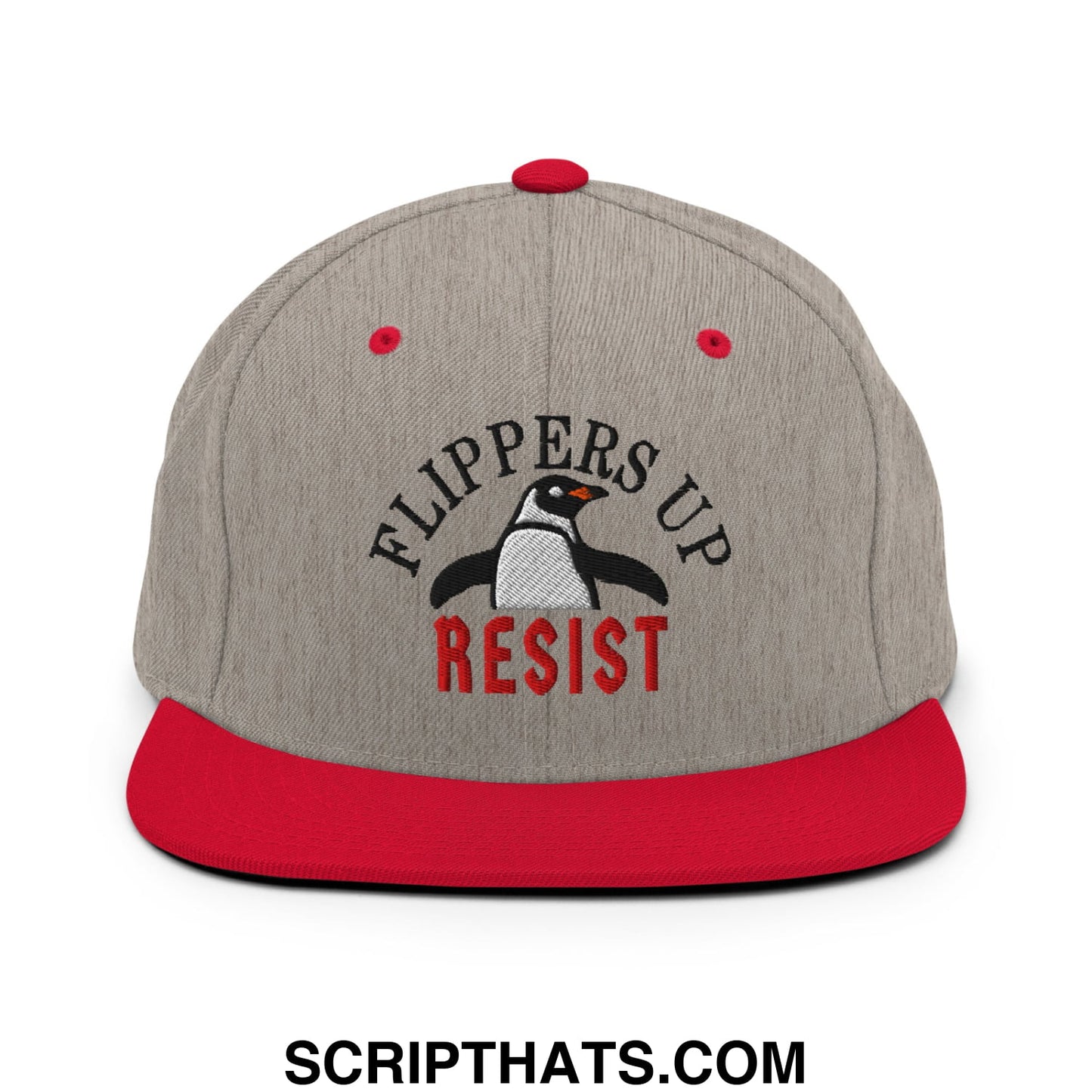 Flippers Up Resist Penguin Embroidered Flat Bill Brim Snapback Hat Heather Grey Red