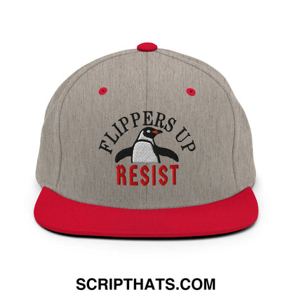 Flippers Up Resist Penguin Embroidered Flat Bill Brim Snapback Hat Heather Grey Red