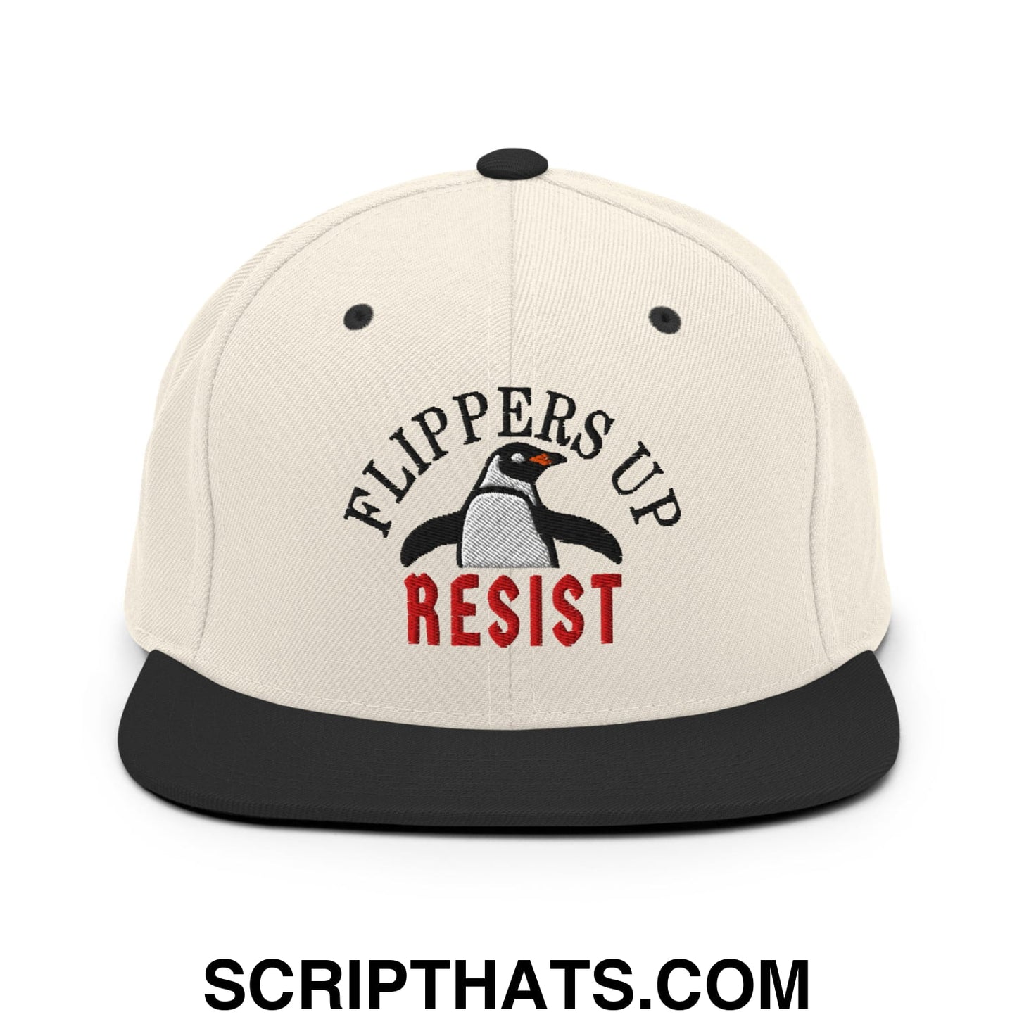 Flippers Up Resist Penguin Embroidered Flat Bill Brim Snapback Hat Natural Black